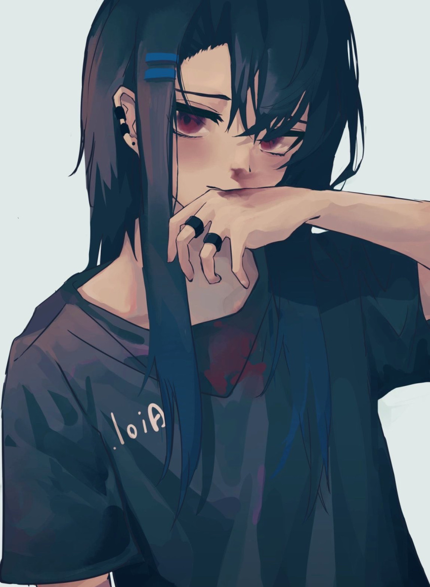 1girl, 8rk9, black_hair, black_shirt, blood, ear_piercing, highres, long_hair