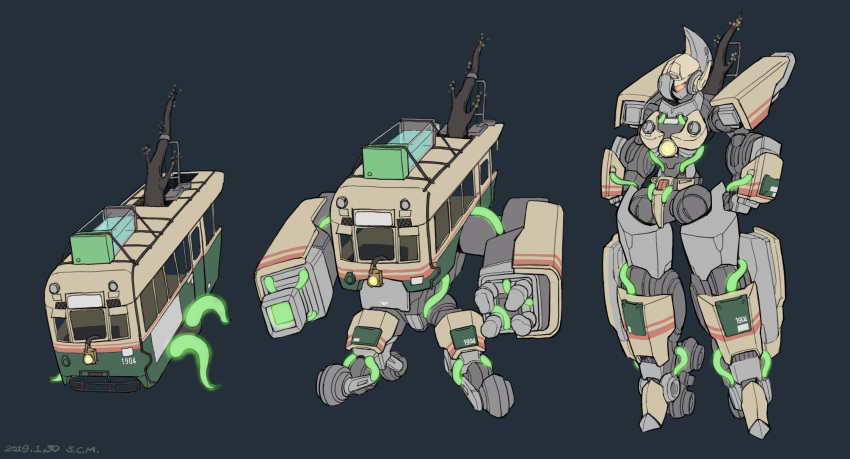 1girl, arm_cannon, blue_background, clenched_hands, ground_vehicle, highres, kemurikusa, mecha, mechanization, multiple_views, no_humans, rabbitqiong, standing, train, visor, weapon