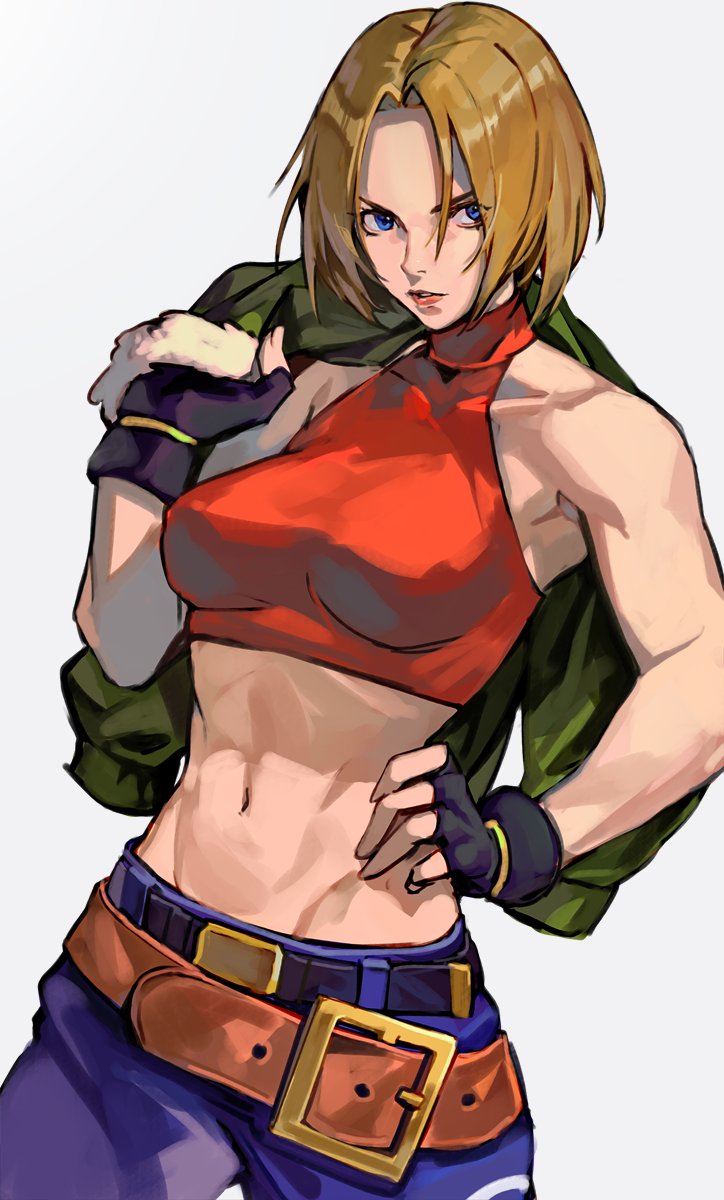 1girl, belt, blonde_hair, blue_eyes, blue_mary, breasts, crop_top, fatal_fury