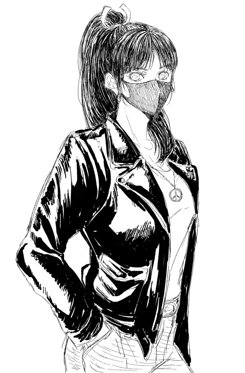 1girl, black_hair, fatal_fury, greyscale, hand_in_pocket, highres, jacket, jewelry