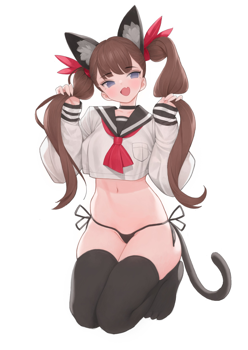 1girl, :d, absurdres, animal_ear_fluff, animal_ears, black_choker, black_legwear, black_panties, blue_eyes, blush, breast_pocket, breasts, brown_hair, cat_ears, cat_girl, cat_tail, choker, crop_top, crop_top_overhang, extra_ears, eyebrows_visible_through_hair, fang, fingernails, hair_ribbon, hands_up, highres, holding, holding_hair, kneeling, long_hair, long_sleeves, navel, neckerchief, no_pants, no_shoes, open_mouth, original, panties, pocket, rabbit_(wlsdnjs950), red_neckwear, ribbon, sailor_collar, sailor_shirt, sharp_fingernails, shirt, side-tie_panties, simple_background, skindentation, smile, solo, stomach, string_panties, tail, thigh-highs, thighs, twintails, underwear, white_background, white_shirt
