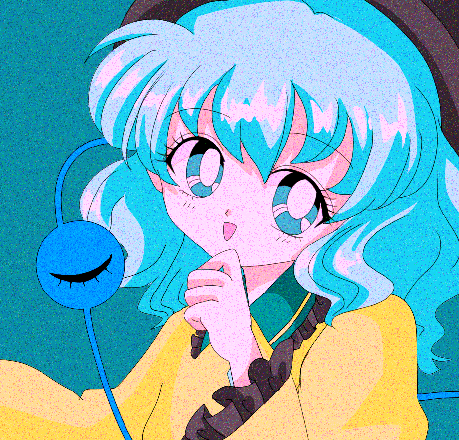 1990s_(style), blue_hair, collared_shirt, eyeball, eyebrows_visible_through_hair, frilled_sleeves, frills, green_eyes