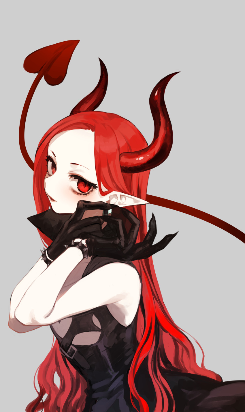 1girl, absurdres, bare_shoulders, black_gloves, bracelet, cleavage_cutout, demon_girl, demon_horns