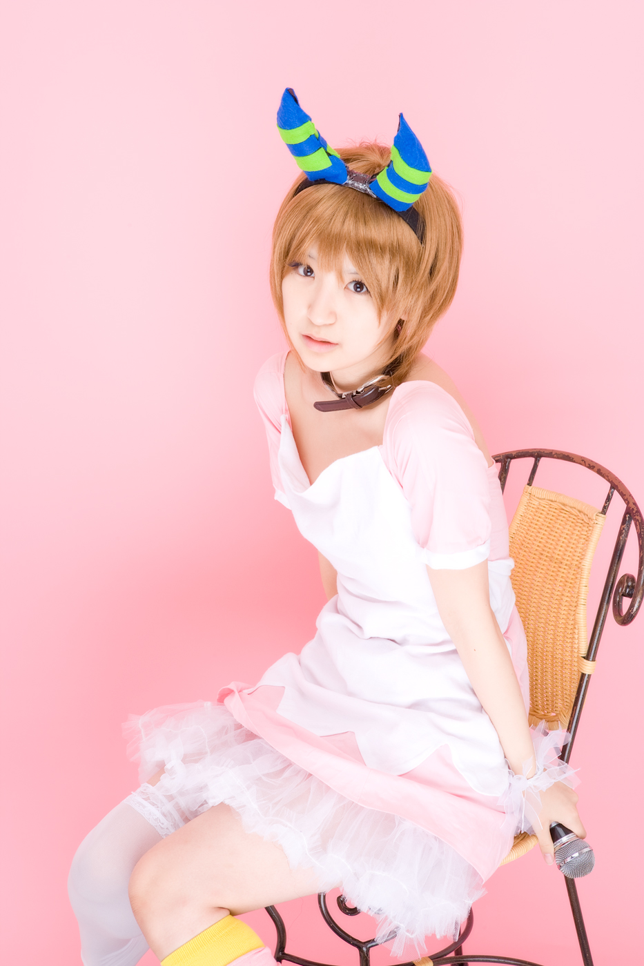 apron, collar, cosplay, dress, horns, linda, okage_shadow_king, one_thighhigh