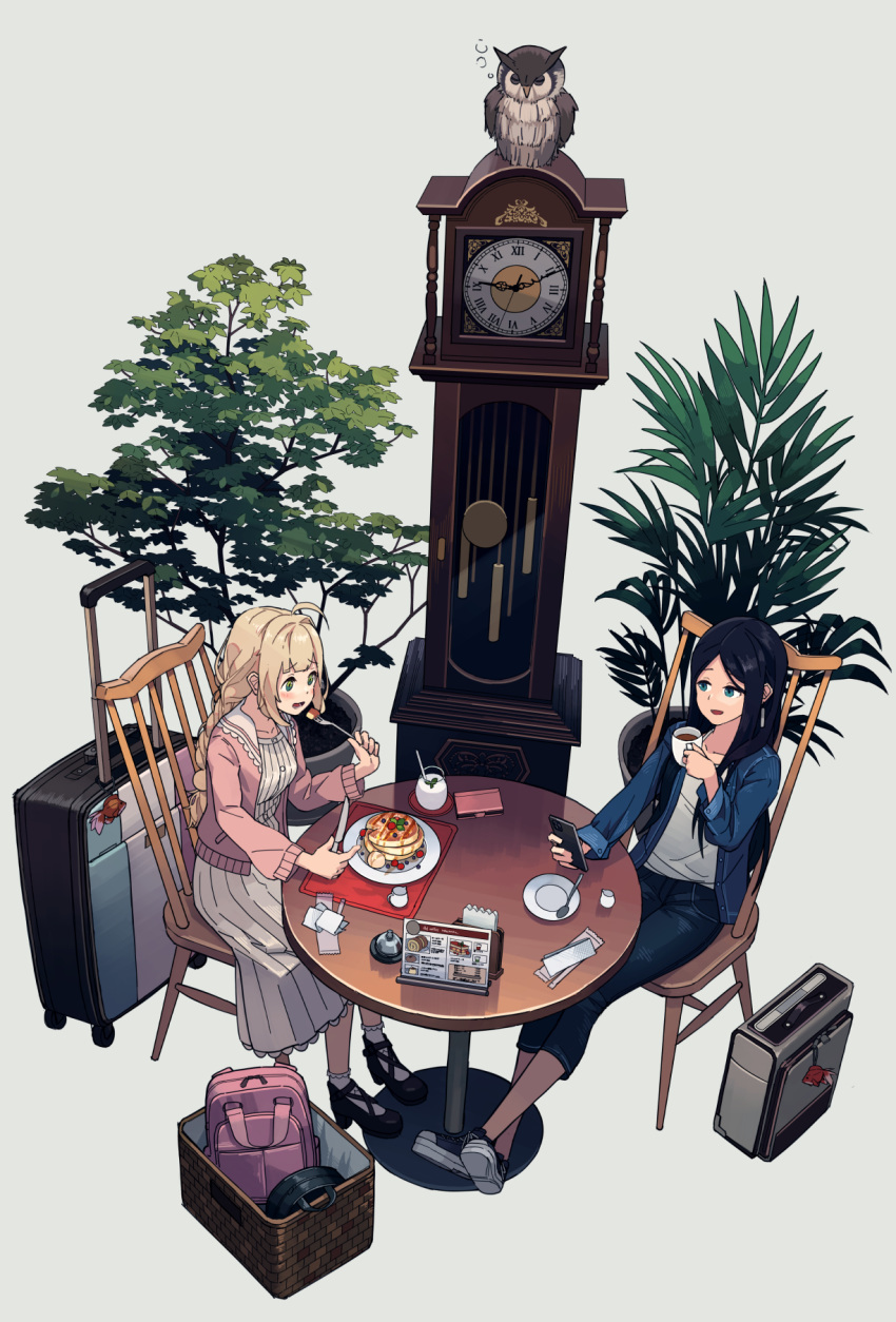 2girls, ahoge, aqua_eyes, backpack, bag, bangs, basket, bell