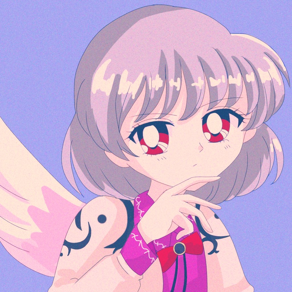 1990s_(style), 1girl, bow, bowtie, collared_shirt, dress, eyebrows_visible_through_hair, feathered_wings