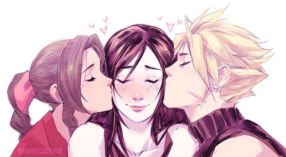 1boy, 2girls, aerith_gainsborough, bisexual_(female), black_hair, blonde_hair, blush, braid, braided_ponytail, brown_hair, cheek_kiss, closed_eyes, cloud_strife, final_fantasy, final_fantasy_vii, final_fantasy_vii_remake, heart, kathryn_layno, kiss, long_hair, multiple_girls, ponytail, smile, tifa_lockhart, turtleneck, upper_body