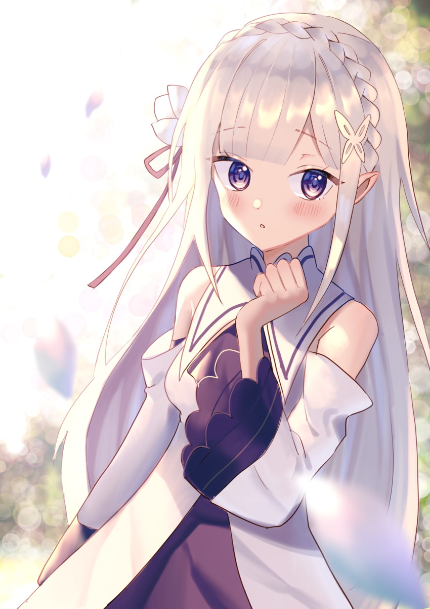 1girl, bangs, blush, braid, butterfly_hair_ornament, day, detached_sleeves, elf