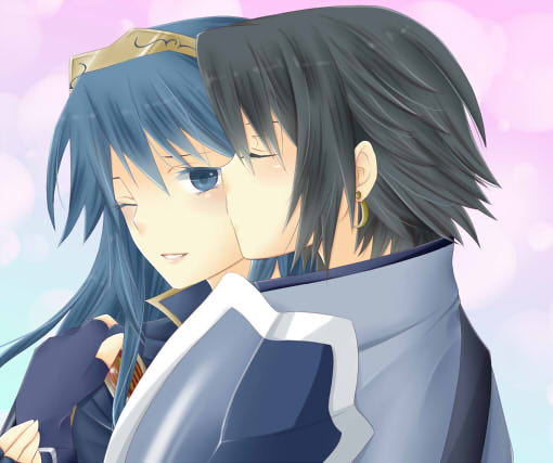 1boy, 1girl, armor, azur_(fire_emblem), blue_eyes, blue_hair, clenched_teeth, closed_eyes