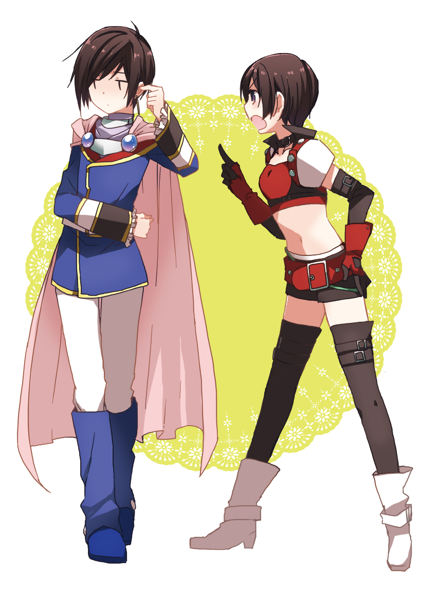 1boy, 1girl, angry, black_hair, black_legwear, cape, collar, gloves