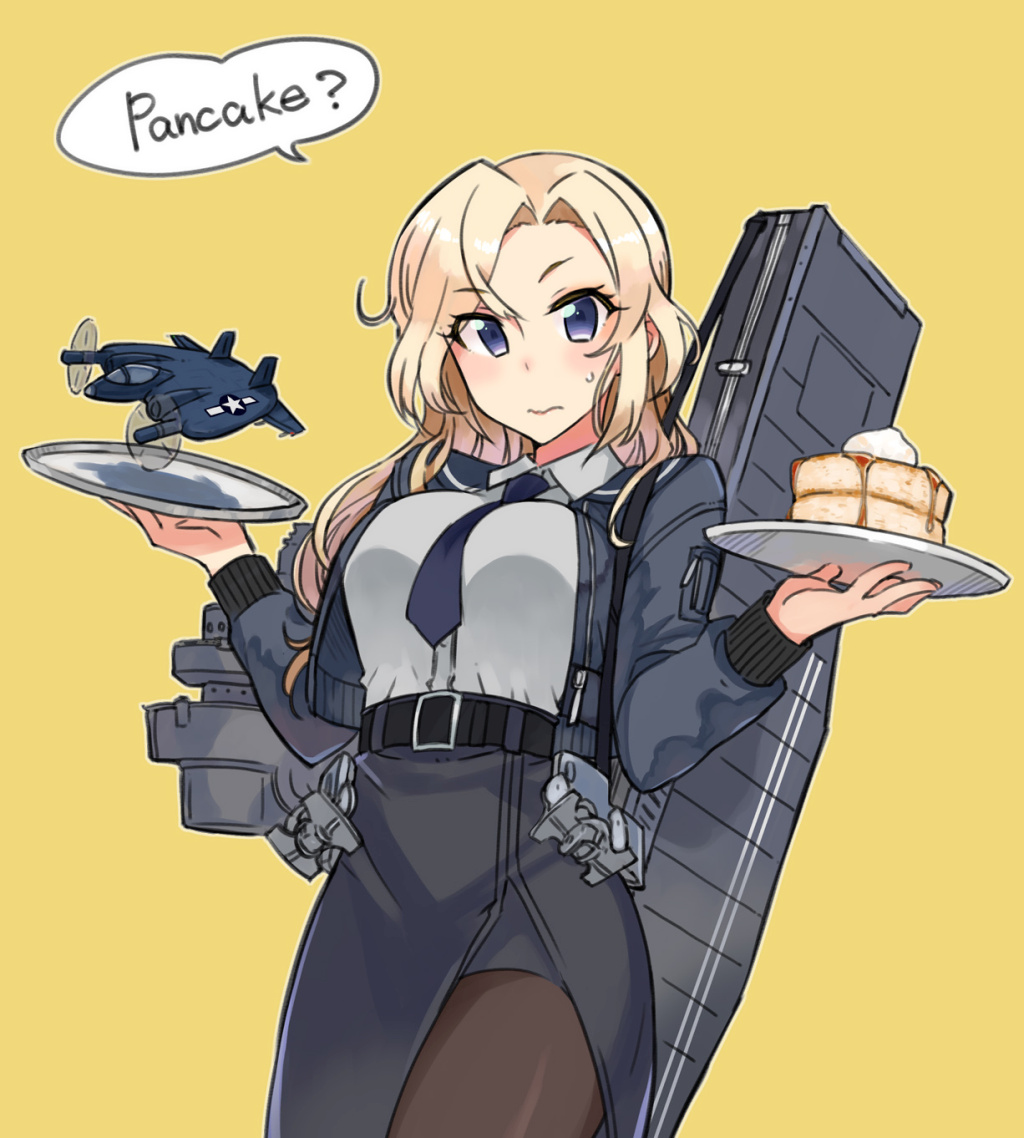 1girl, aircraft, bangs, belt, black_belt, black_legwear, black_skirt, blonde_hair, blue_neckwear, blush, bomber_jacket, breasts, closed_mouth, english_text, eyebrows_visible_through_hair, food, gun_case, holding, holding_plate, hornet_(kantai_collection), jacket, kantai_collection, kusanagi_tonbo, large_breasts, long_hair, long_sleeves, necktie, neckwear_between_breasts, pancake, pantyhose, pencil_skirt, plate, simple_background, skirt, solo, speech_bubble, sweat, syrup, translated, wavy_mouth, xf5u, yellow_background