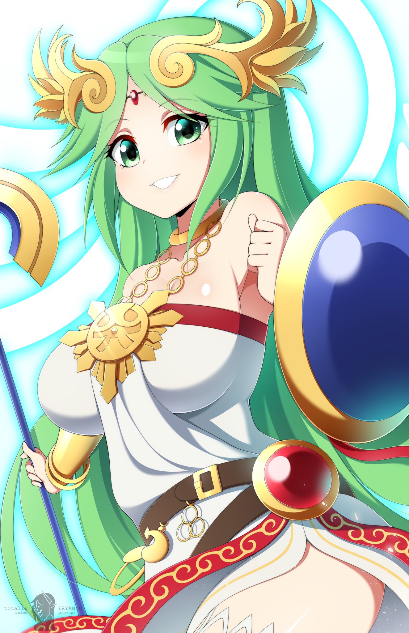 1girl, bare_shoulders, belt, breasts, circlet, cowboy_shot, dress, green_eyes