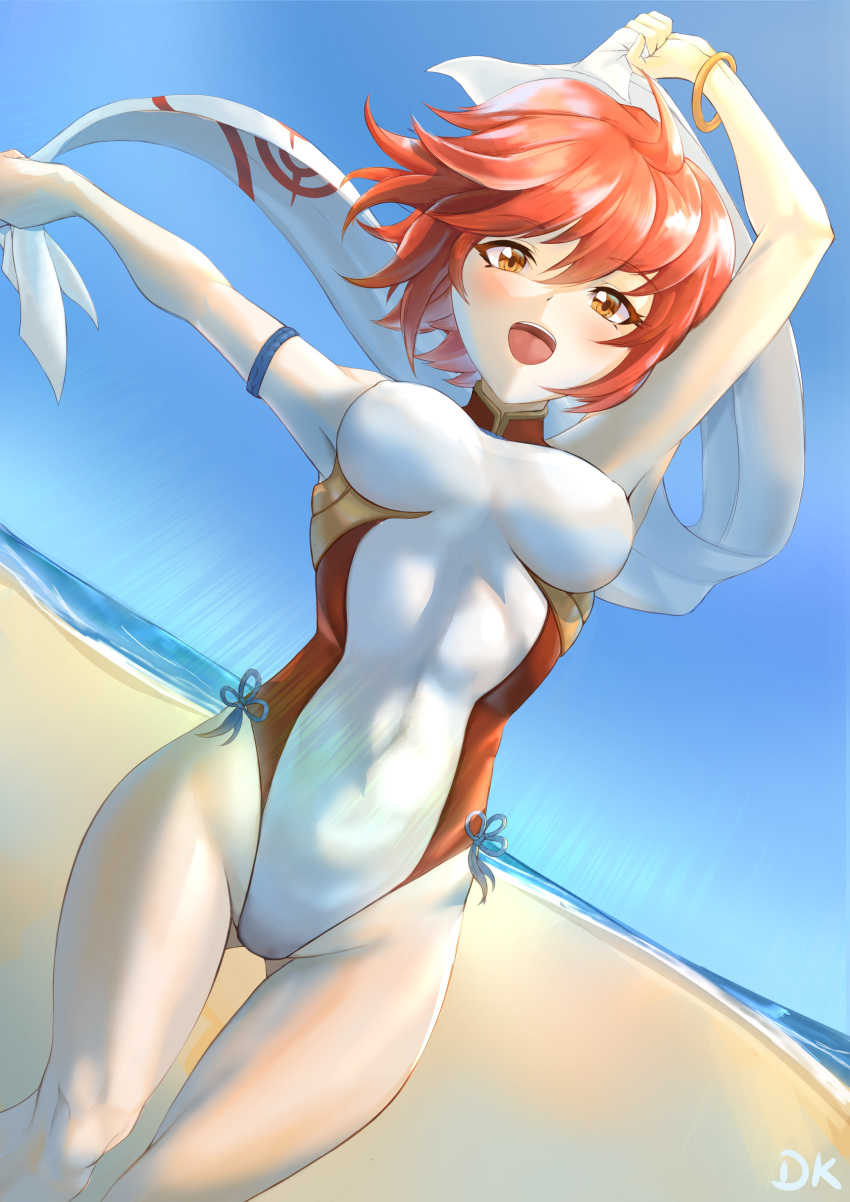 1girl, :d, absurdres, arm_strap, arm_up, armpits, ass_visible_through_thighs, bangs, beach, blue_ribbon, blue_sky, bracelet, breasts, brown_eyes, casual_one-piece_swimsuit, covered_nipples, day, deekei, dutch_angle, erect_nipples, eyebrows_visible_through_hair, fire_emblem, fire_emblem_fates, hair_between_eyes, highleg, highleg_swimsuit, highres, hinoka_(fire_emblem), jewelry, medium_breasts, one-piece_swimsuit, open_mouth, outdoors, outstretched_arm, redhead, ribbon, shiny, shiny_hair, short_hair, sky, smile, solo, standing, swimsuit, thigh_gap, white_swimsuit