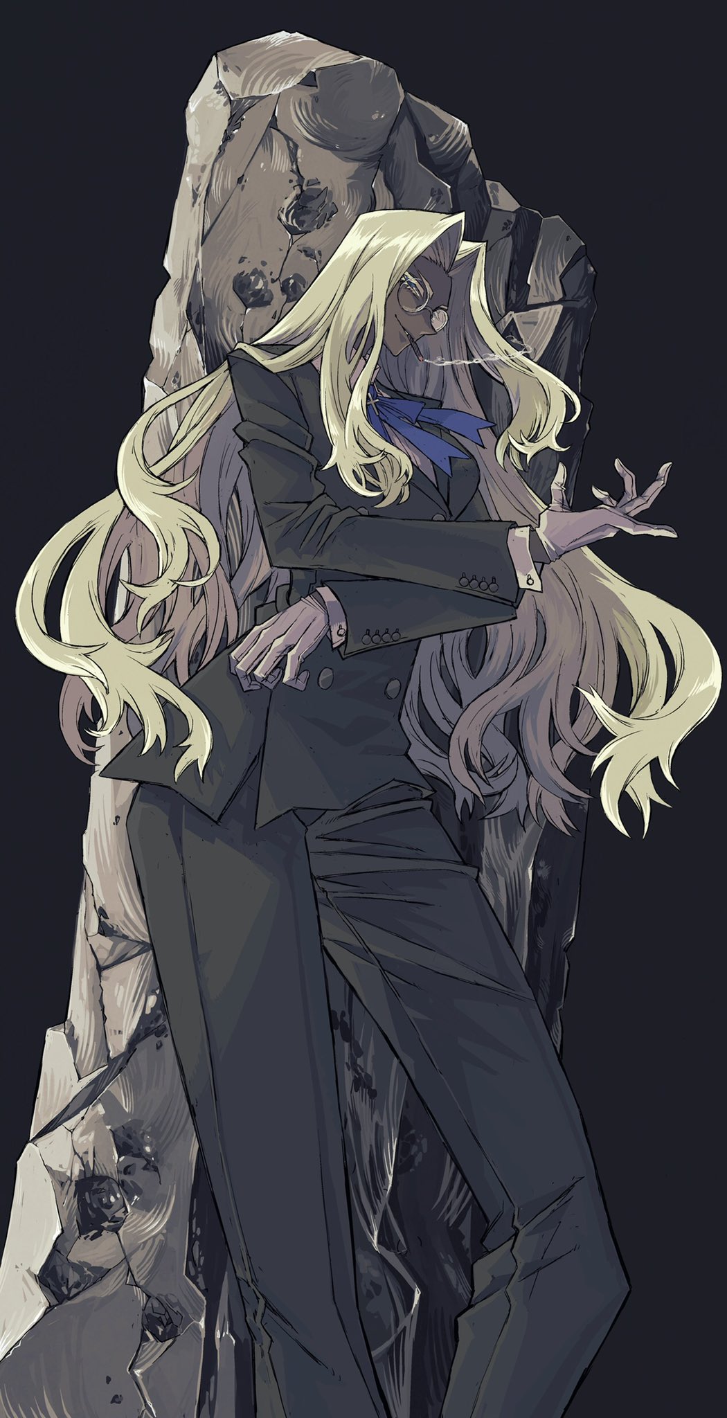 10den, 1girl, black_background, blonde_hair, blue_eyes, cigar, commission, dark_skin, evil_smile, formal, glasses, gloves, green_suit, hellsing, highres, integra_hellsing, long_hair, pillar, rock, shading, smile, smoking, solo, suit, white_gloves