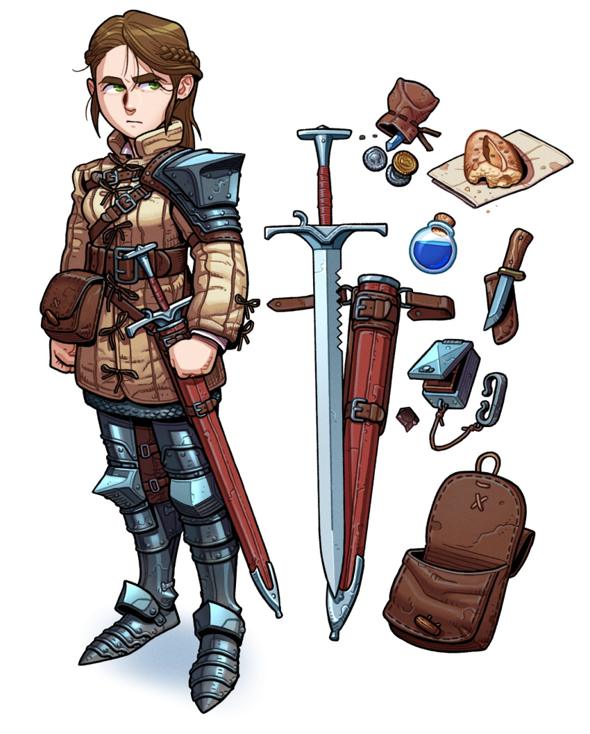 1girl, armor, armored_boots, bag, bangs, beige_jacket, belt, belt_buckle