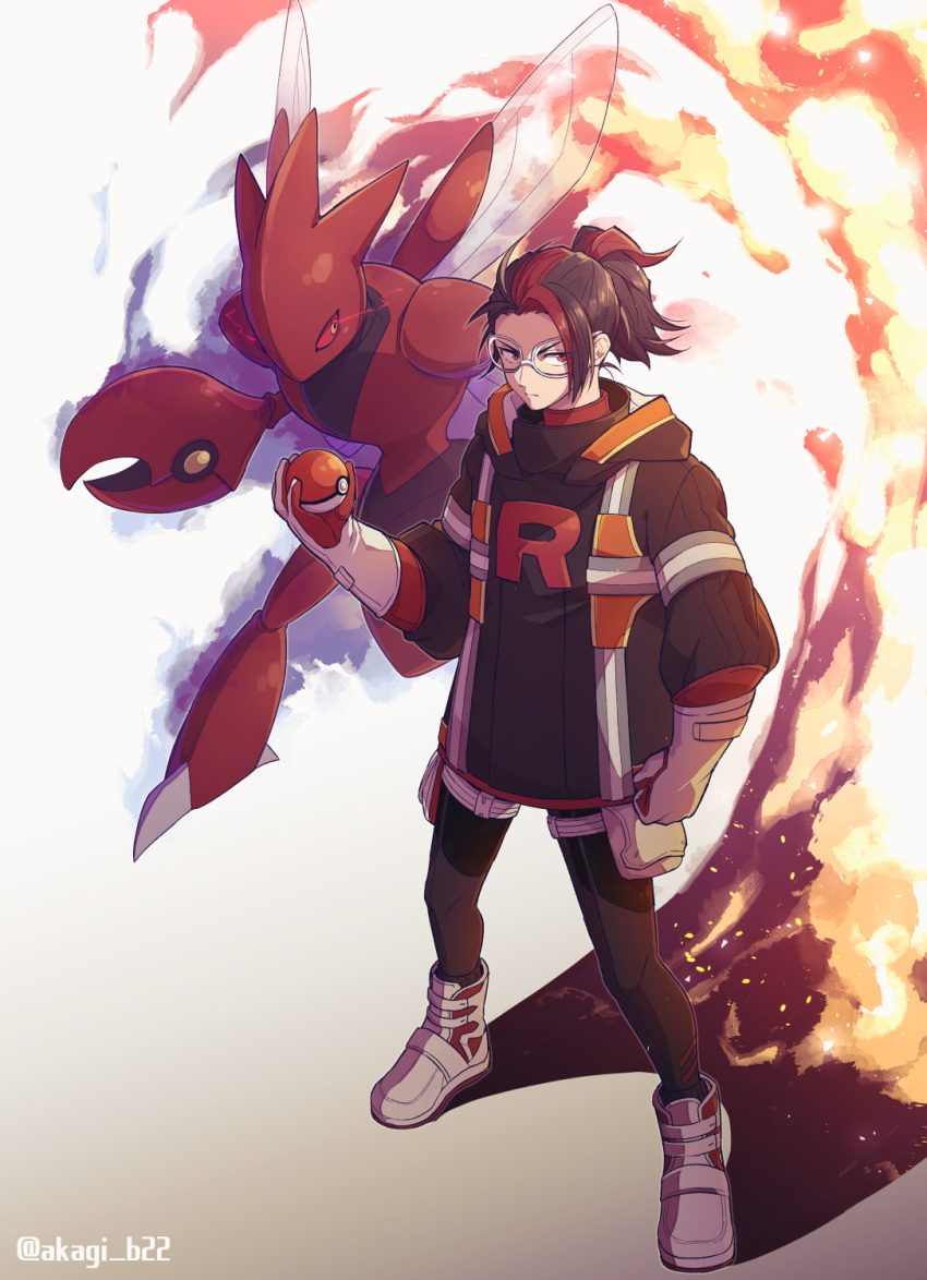 1boy, arlo_(pokemon), aura, black_hair, black_jacket, black_pants, clenched_hand, fire