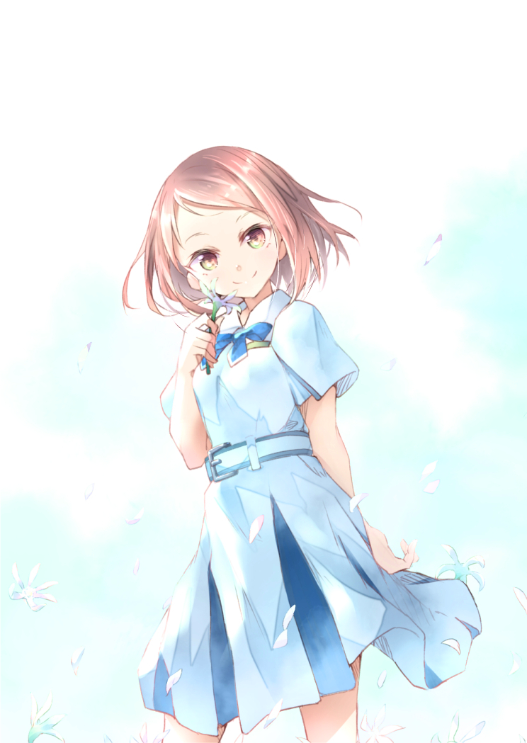 1girl, 22/7, amazarash1, arm_at_side, blue_bow, blue_skirt, bow, brown_eyes