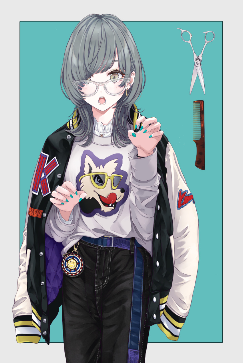 1girl, :o, animal_print, bangs, belt, black_jacket, black_pants, blush