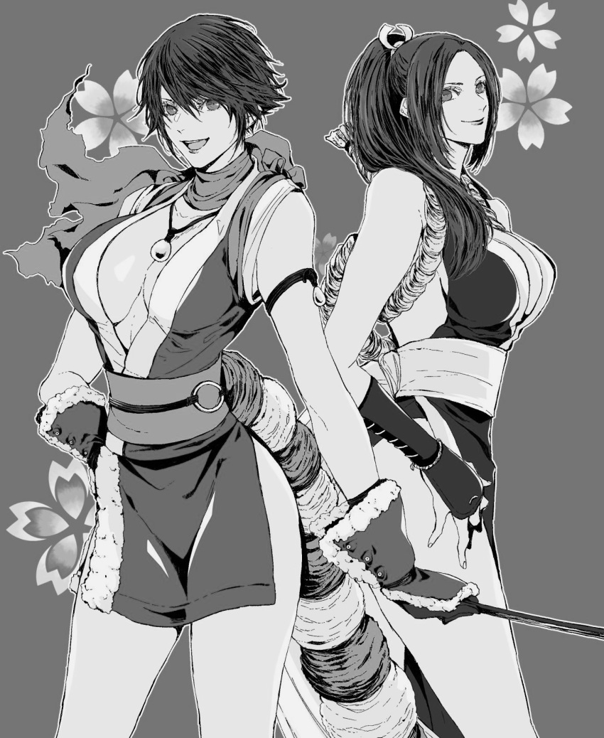 2girls, arm_guards, bayonetta, bayonetta_(character), breasts, cosplay, fan, fatal_fury, folding_fan, hand_on_hip, highres, large_breasts, long_hair, multiple_girls, open_mouth, osakana_e, ponytail, revealing_clothes, scarf, shiranui_mai, shiranui_mai_(cosplay), short_hair
