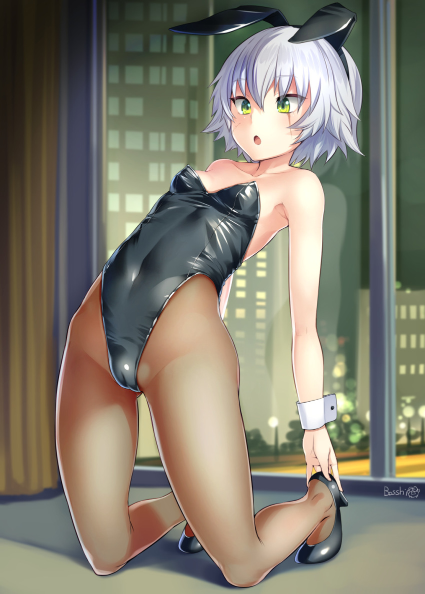 1girl, animal_ears, black_footwear, black_legwear, black_leotard, bosshi, bunny_girl, bunnysuit