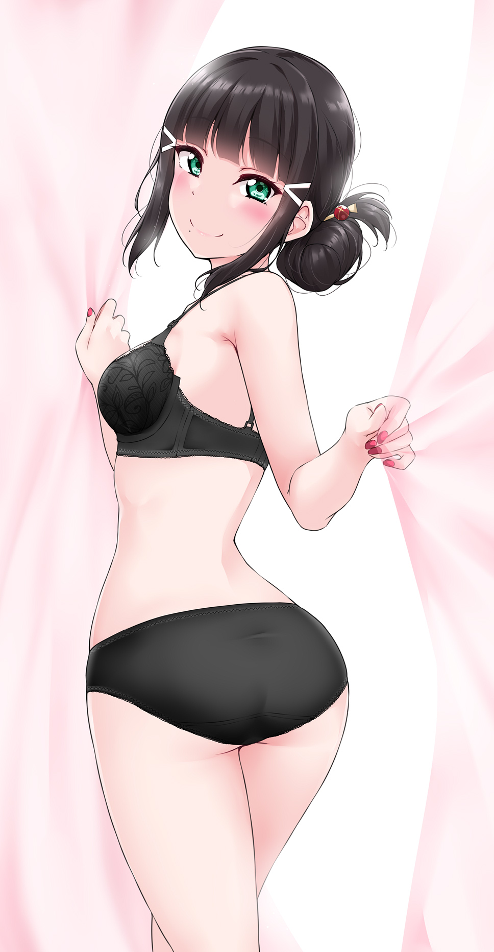 1girl, bangs, black_bra, black_hair, black_panties, blunt_bangs, blush, bra
