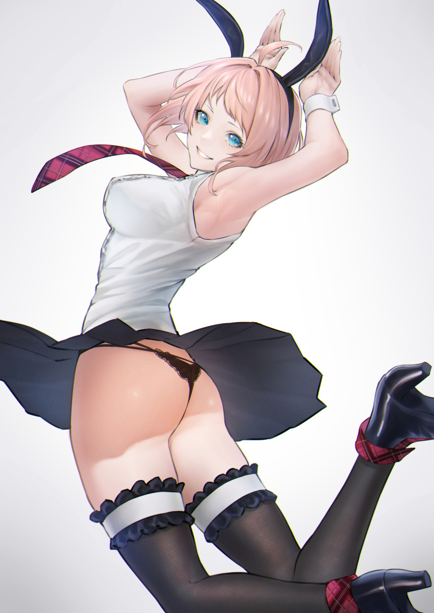 1girl, absurdres, ahoge, animal_ears, aqua_eyes, armpits, arms_up, ass