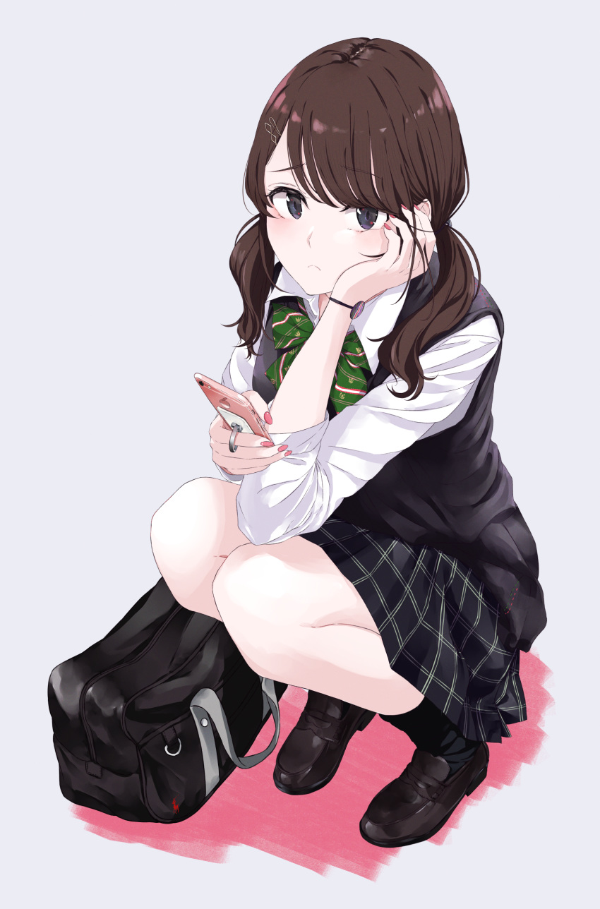 1girl, absurdres, bag, bangs, black_bag, black_eyes, black_footwear, black_legwear