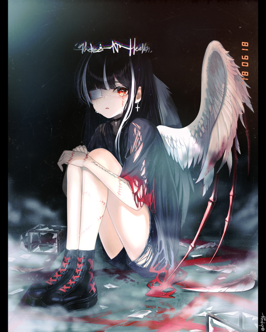 1girl, absurdres, angel, angel_wings, artist_name, bandages, black_background, black_choker