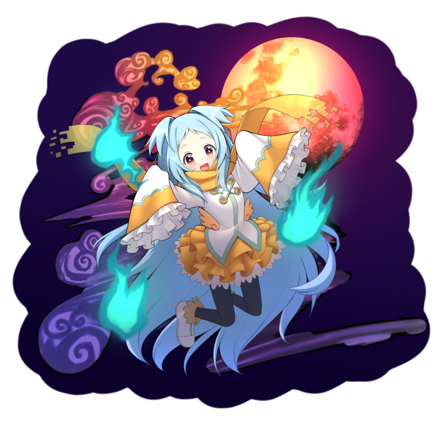 1girl, bangs, black_legwear, blue_hair, blush, clouds, full_moon, ghost