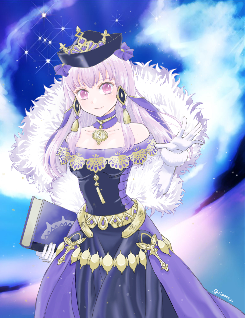 1girl, book, closed_mouth, dress, fire_emblem, fire_emblem:_three_houses, fire_emblem_heroes, fur_trim, gloves, hair_ornament, hat, highres, holding, holding_book, long_hair, lysithea_von_ordelia, pink_eyes, rimooo_n, smile, solo, twitter_username, white_gloves, white_hair