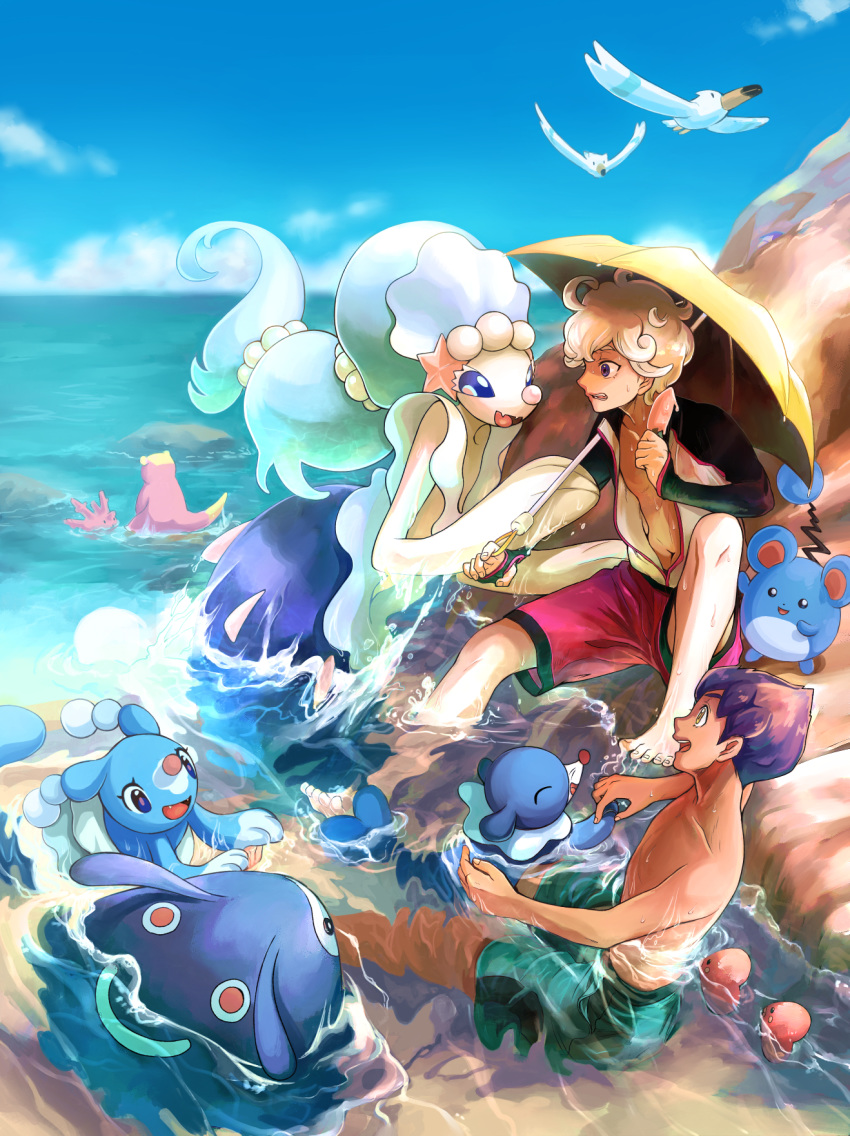 2boys, barefoot, beet_(pokemon), blonde_hair, brionne, clouds, commentary_request, corsola
