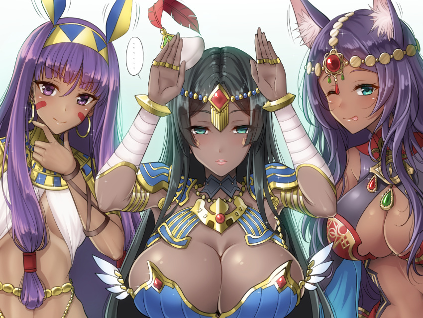 3girls, animal_ears, bandaged_arm, bandages, bangs, blush, breasts, dark_skin