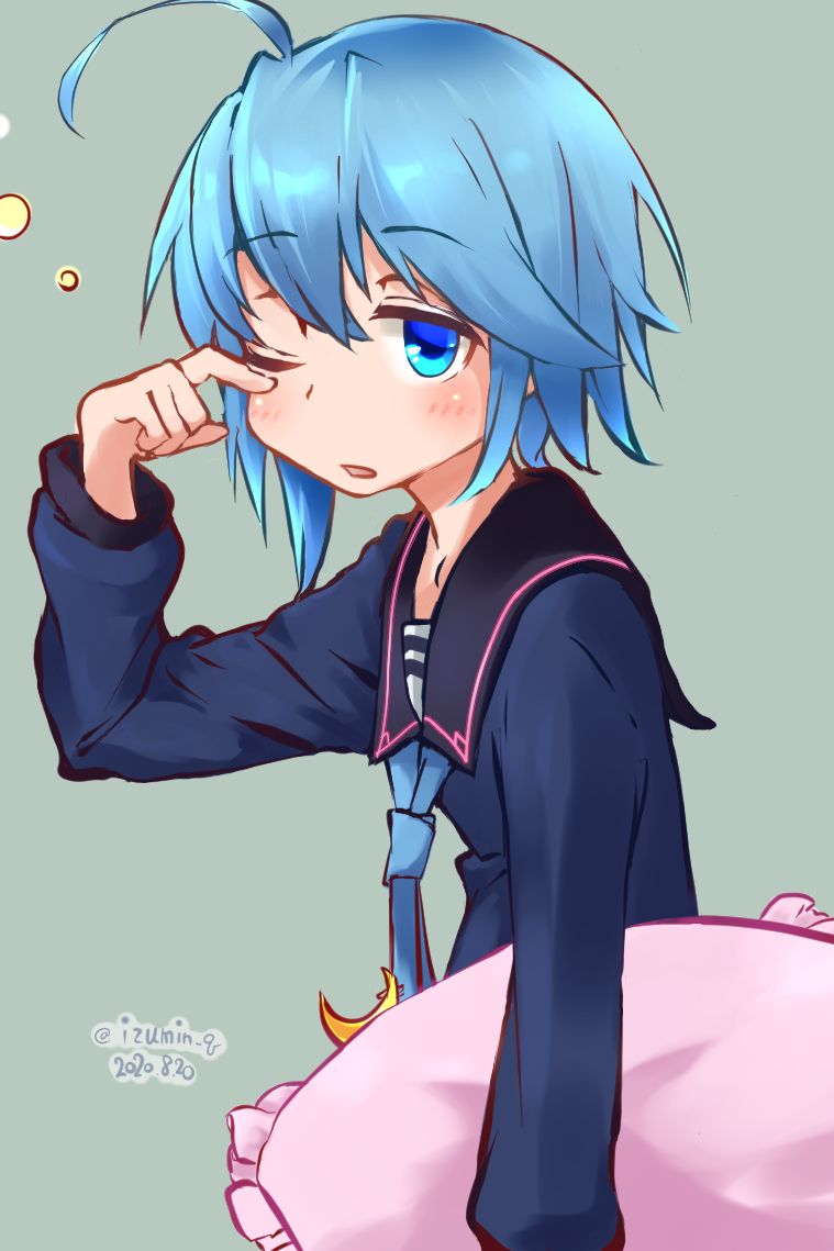 1girl, ahoge, asymmetrical_hair, black_sailor_collar, blouse, blue_blouse, blue_eyes, blue_hair