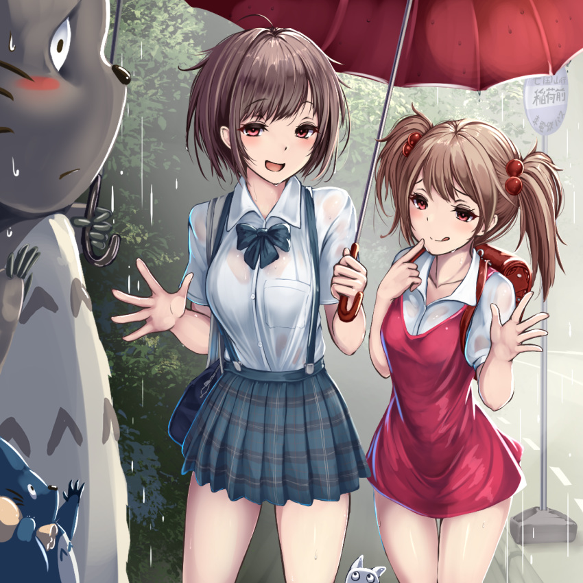 2girls, :/, :d, :q, ahoge, animal, backpack, bag