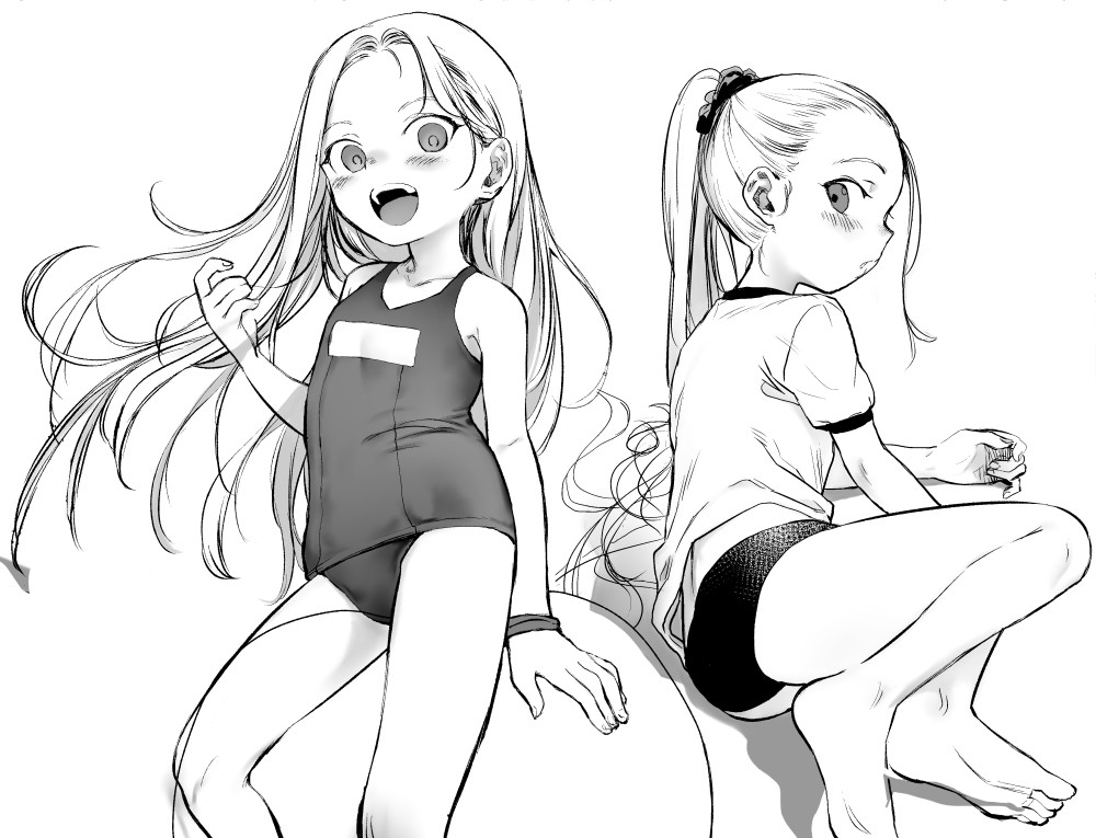 1girl, :d, bare_legs, barefoot, blush, buruma, greyscale, haguhagu_(rinjuu_circus)