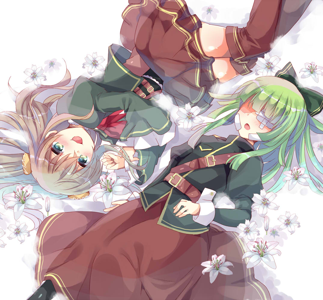 2girls, bandages, belt, belt_buckle, bow, brown_hair, buckle, capelet, ciconia_no_naku_koro_ni, cuffs, dress, eyepatch, fang, flower, green_eyes, green_hair, hair_bow, koshka_(ciconia), kuriyuzu_kuryuu, lilja_viljakainen, long_hair, long_skirt, lying, multiple_girls, open_mouth, pulla, skirt, thigh-highs, thighs, white_background, white_flower