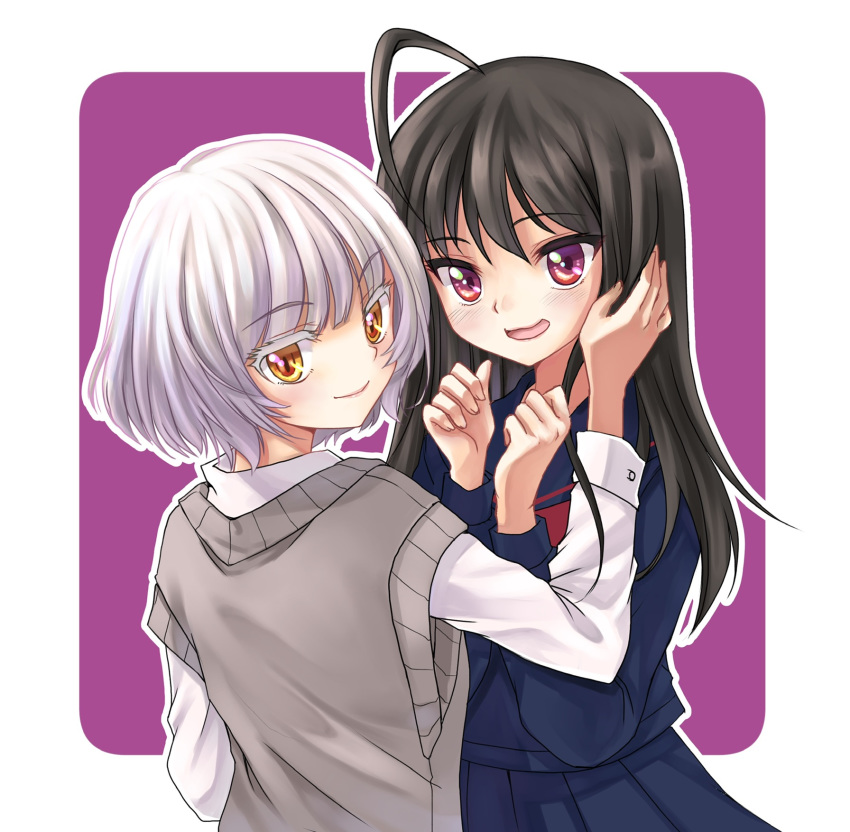 2girls, act-age, ahoge, bangs, black_hair, blush, closed_mouth, eyebrows_visible_through_hair