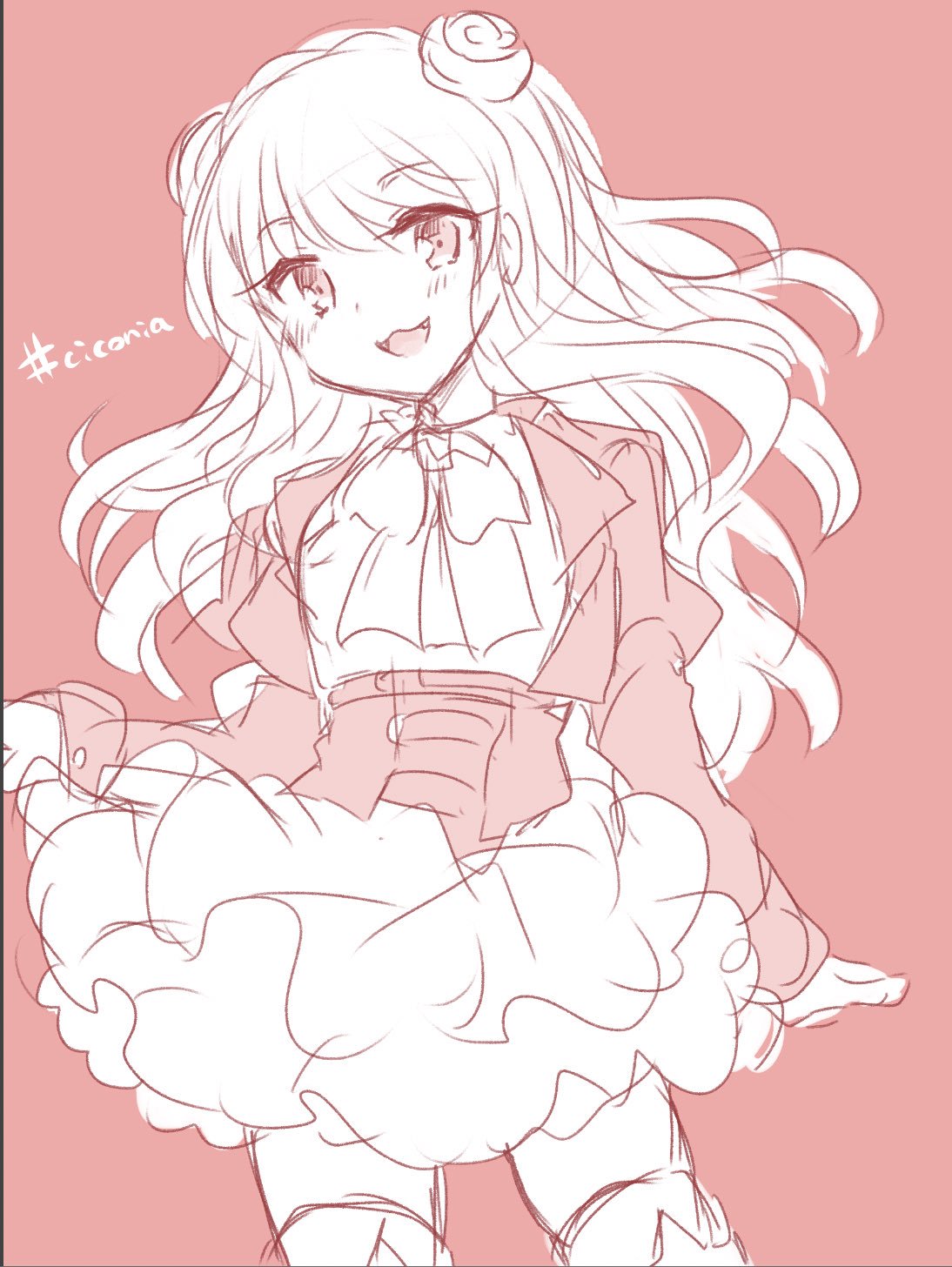 1girl, :3, blush, ciconia_no_naku_koro_ni, commentary_request, cuffs, dress, frills