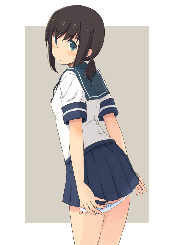 1girl, black_eyes, black_hair, blue_sailor_collar, blue_skirt, border, brown_background, cowboy_shot, from_behind, fubuki_(kantai_collection), kantai_collection, kugui_kiyunemu, low_ponytail, panties, pleated_skirt, ponytail, sailor_collar, school_uniform, serafuku, short_ponytail, sidelocks, skirt, solo, standing, two-tone_background, underwear, undressing, white_border, white_panties