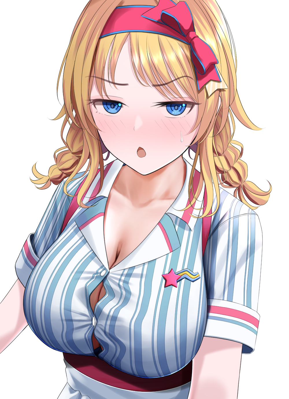 1girl, ahoge, bangs, blonde_hair, blue_eyes, braid, breasts, chestnut_mouth