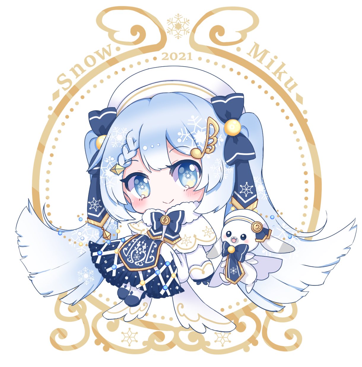 1girl, annatumikan, bass_clef, beret, blue_bow, blue_neckwear, bow, bowtie, capelet, chibi, commentary, dress, full_body, fur-trimmed_capelet, fur_trim, hair_ornament, hair_ribbon, hairclip, hat, hatsune_miku, highres, light_blue_eyes, light_blue_hair, long_hair, looking_at_viewer, rabbit, rabbit_yukine, ribbon, smile, snowflake_print, treble_clef, twintails, very_long_hair, vocaloid, white_background, white_capelet, white_dress, white_headwear, yuki_miku, yuki_miku_(2021)