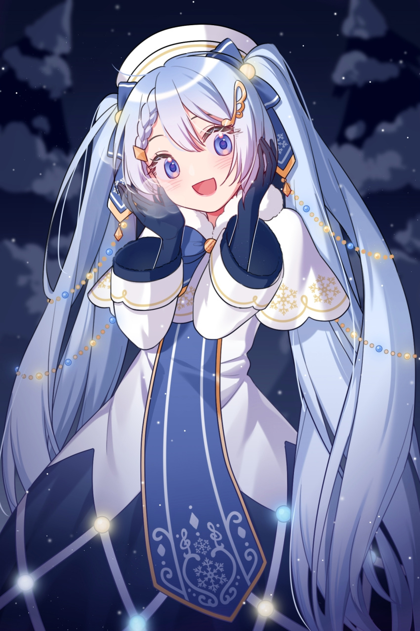 1girl, bass_clef, beret, blue_bow, blue_eyes, blue_gloves, blush, bow
