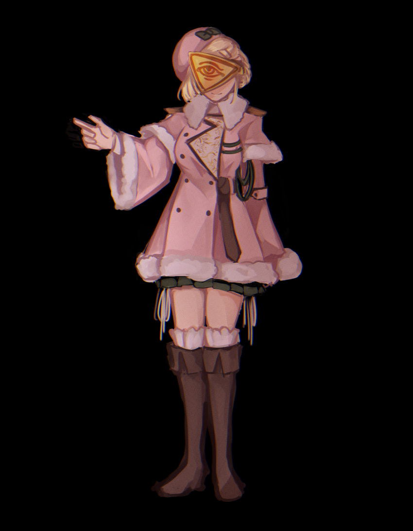 1girl, absurdres, arm_up, black_background, blonde_hair, boots, bow, buttons