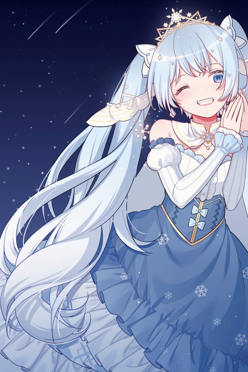 1girl, beamed_eighth_notes, blue_dress, blue_eyes, detached_sleeves, dress, frilled_dress, frilled_sleeves