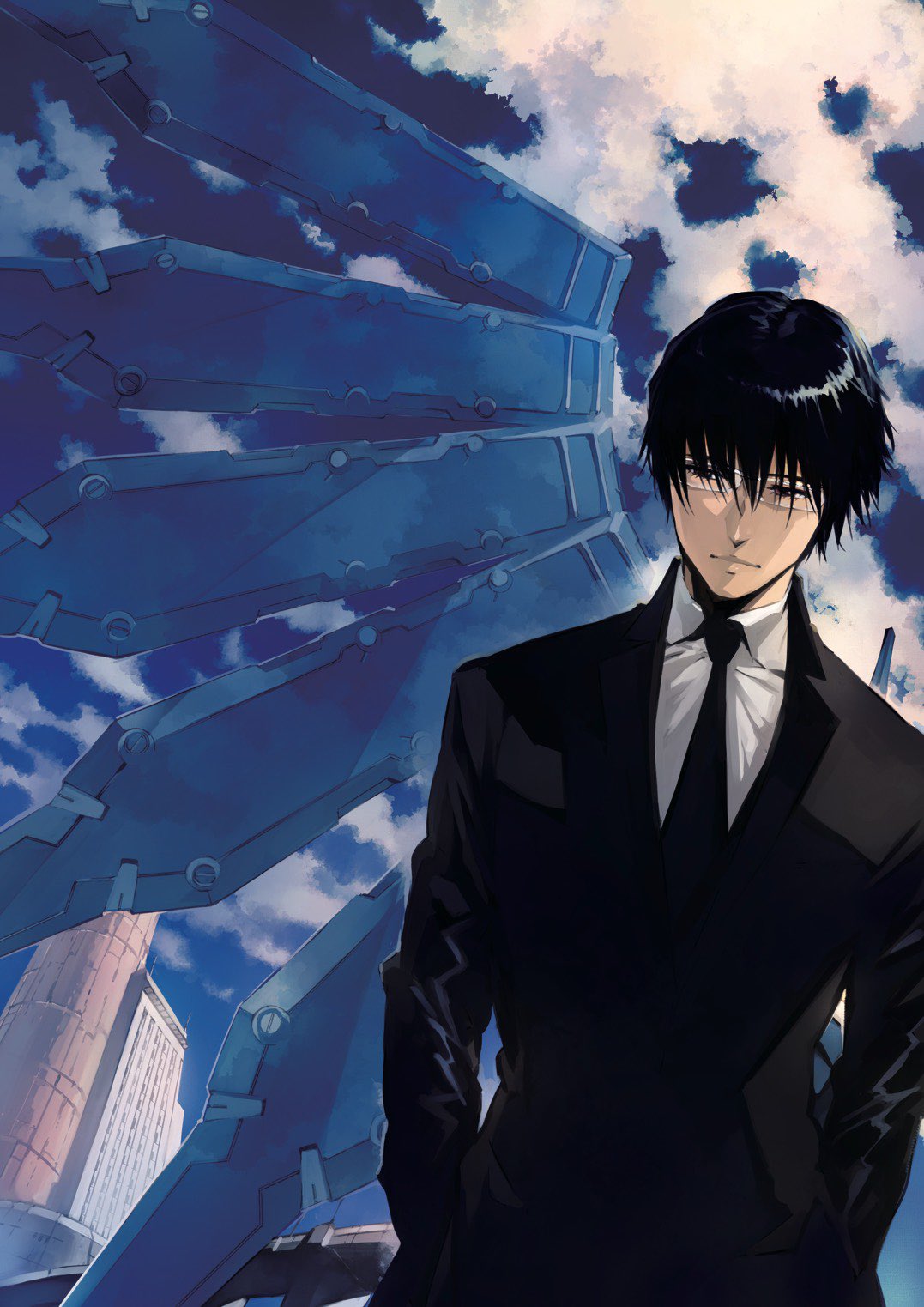 1boy, black_hair, brown_eyes, formal, glasses, hands_in_pockets, highres, kurogane_no_linebarrel