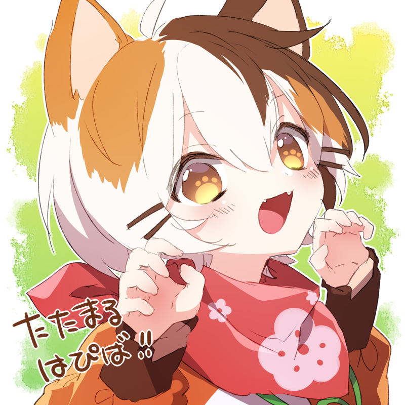 1boy, :3, animal_ears, bandana, brown_hair, cat_boy, cat_ears, claw_pose, eyebrows_visible_through_hair, fangs, hair_between_eyes, indie_virtual_youtuber, looking_at_viewer, male_focus, mamiya_mao, open_mouth, orange_hair, paw-shaped_pupils, smile, solo, tatamaru_(vtuber), virtual_youtuber