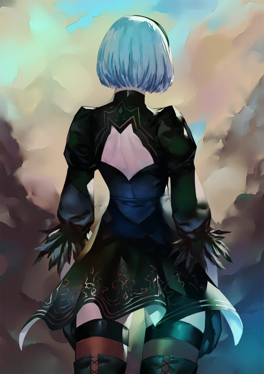 1girl, back_cutout, black_dress, black_gloves, black_hairband, blazpu, boots, dress