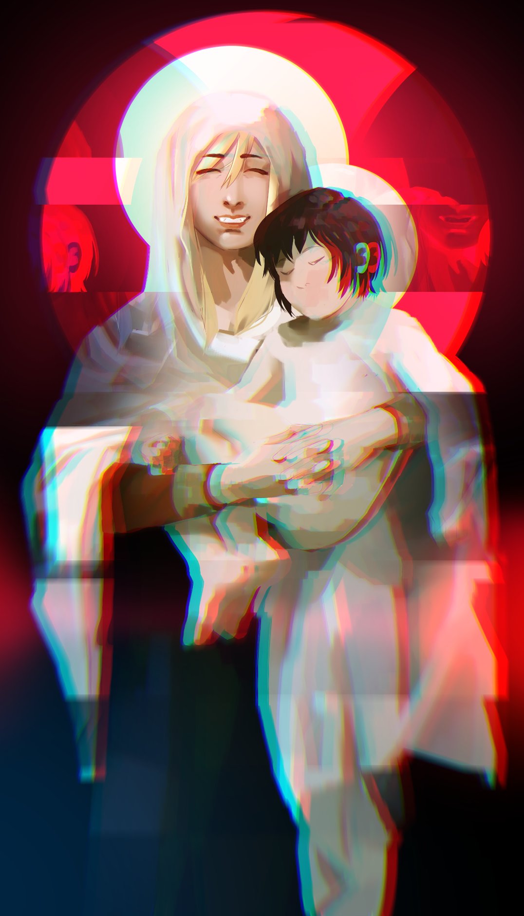 1boy, 1girl, blonde_hair, chromatic_aberration, ciconia_no_naku_koro_ni, closed_eyes, dieselhands, fine_art_parody