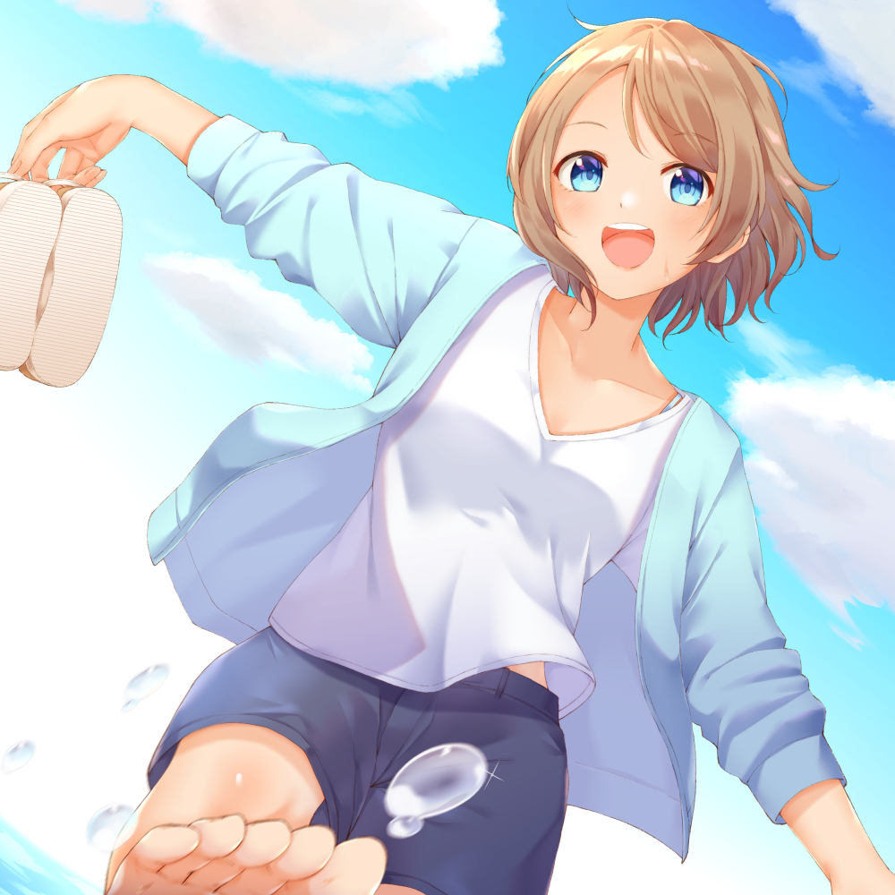 1girl, :d, bangs, bare_legs, barefoot, blue_eyes, blue_jacket, blue_shorts, blue_sky, clouds, collarbone, eyebrows_visible_through_hair, holding, holding_shoes, in_water, jacket, kicking, light_blush, light_brown_hair, long_sleeves, looking_at_viewer, love_live!, love_live!_sunshine!!, naribee_(nton1263), open_clothes, open_jacket, open_mouth, outdoors, shirt, shoes, short_hair, shorts, sky, smile, solo, splashing, upper_teeth, v-neck, watanabe_you, water, white_shirt