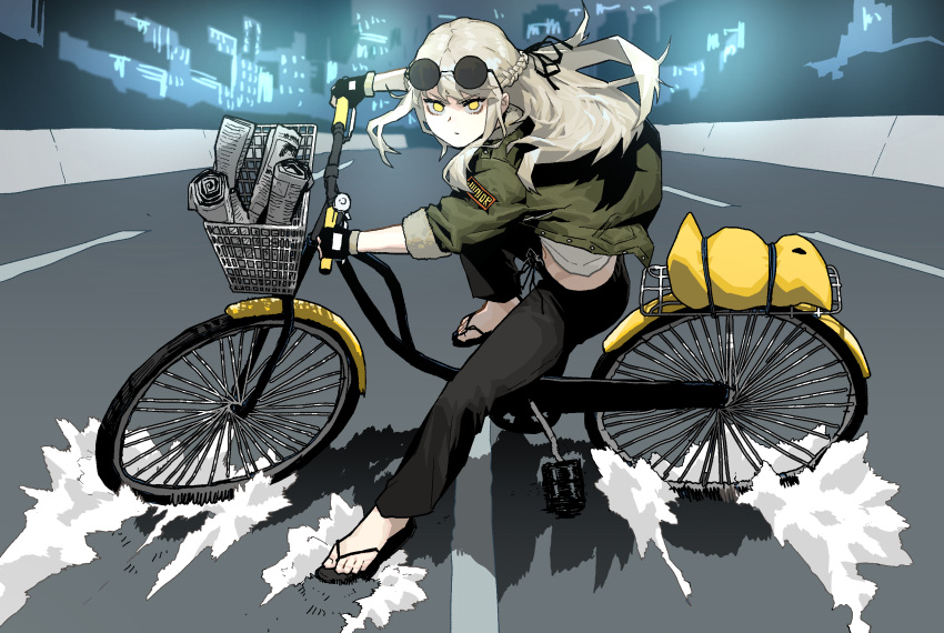 1girl, :o, bangs, bicycle, black_gloves, black_pants, black_ribbon, braid